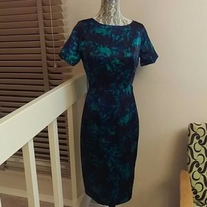 Tahari blue green rose print sheath dress